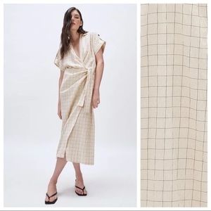 Zara Cream Checkered Knotted Midi Wrap Dress with deep V-neckline NWT